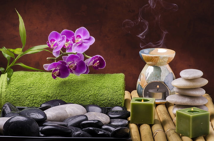 purple moth orchid, flowers, stones, candles, bamboo, relax, Spa, HD wallpaper