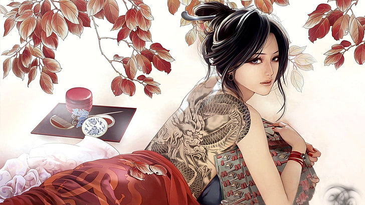 black-haired woman character with dragon back tattoo digital wallpaper
