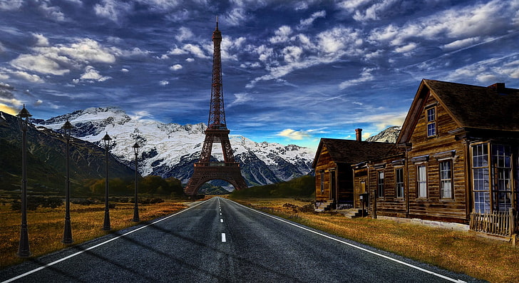 brown Eiffel tower, desert, road, mountains, photo manipulation