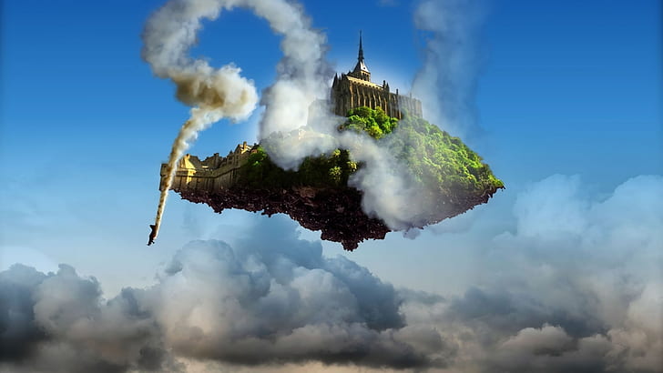 architecture, ancient, tower, clouds, floating island, smoke, HD wallpaper