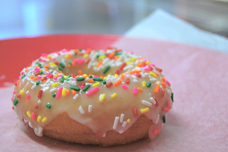 doughnut with sprinkle on top closeup photo, rainbow, donut, donuts