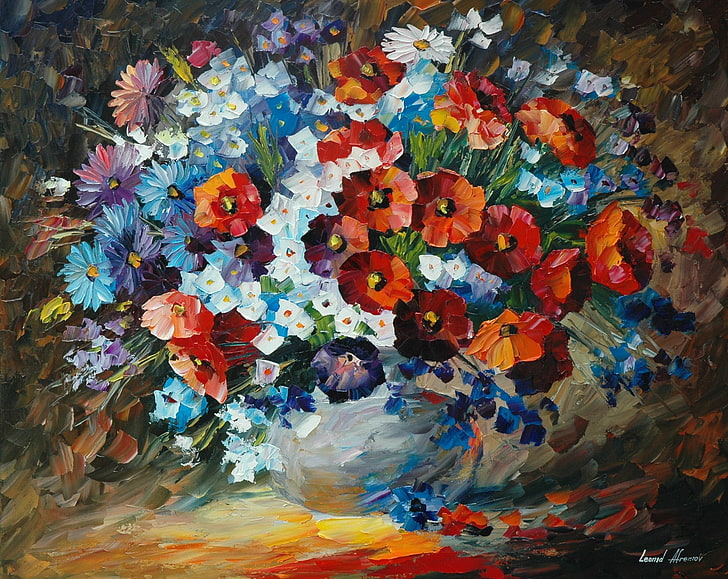red and blue flowers painting, bouquet, petals, pictures, vase