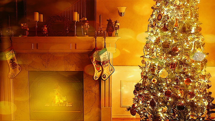 lights, fire, interior, Christmas, holiday, christmas tree