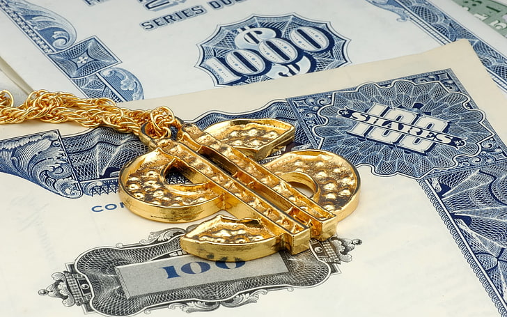 gold-colored Dollar pendant necklace, dollars, money, text, western script
