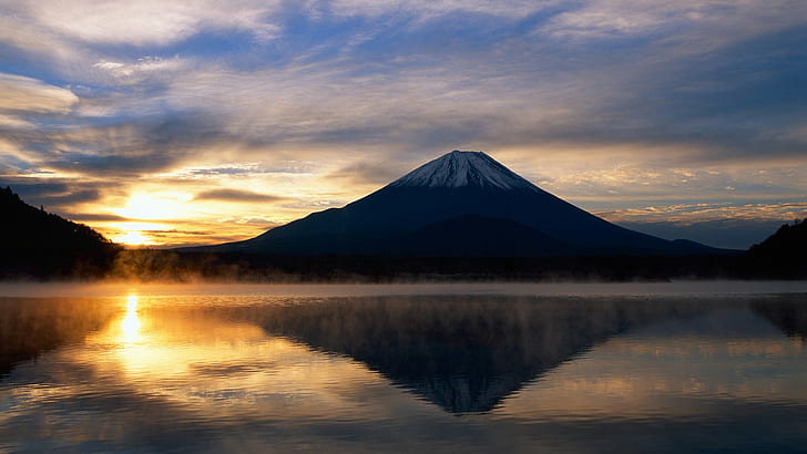 mountains, landscape, sunlight, Japan, Mount Fuji, reflection