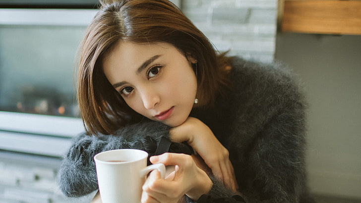 Asian, brunette, women, portrait, one person, coffee - drink, HD wallpaper