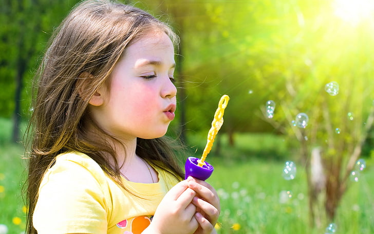 Cute Little Girl Playing Bubble, girl's yellow shirt, Baby, grass, HD wallpaper