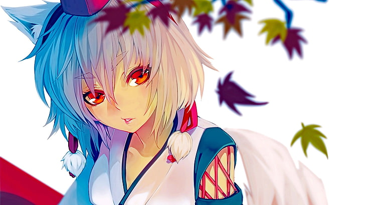 female anime illustration, untitled, anime girls, red eyes, leaves