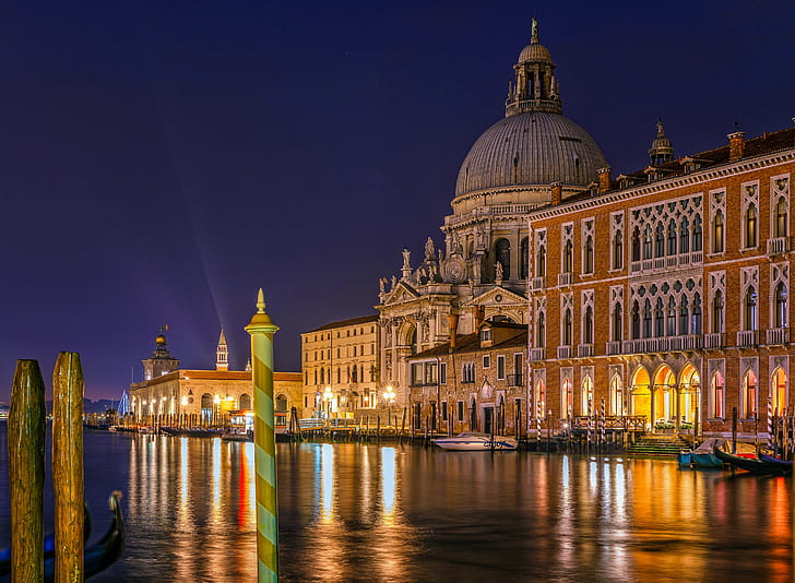 building, Italy, Venice, channel, night city, promenade, Basilica, HD wallpaper