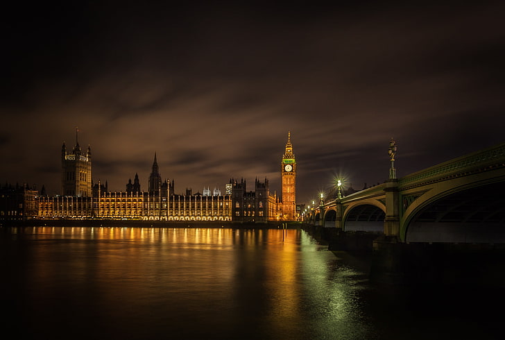 Westminster Palace, London, night, bridge, lights, Thames, HD wallpaper