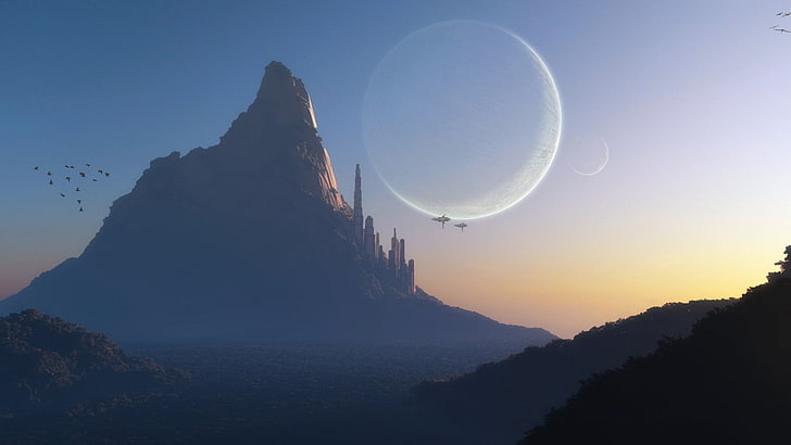 mountain illustration, fantasy art, planet, science fiction, sky, HD wallpaper