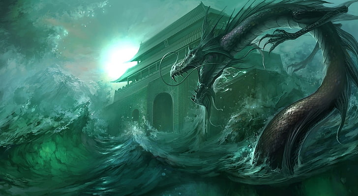 HD wallpaper: Dragon Snake, sea monster rising above water near building  wallpaper | Wallpaper Flare