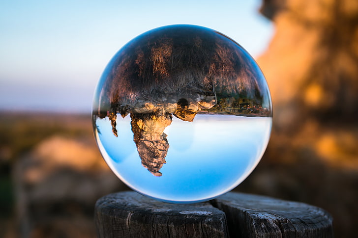 crystal ball, konigstein, bowl, glass, tree stump, reflection, HD wallpaper