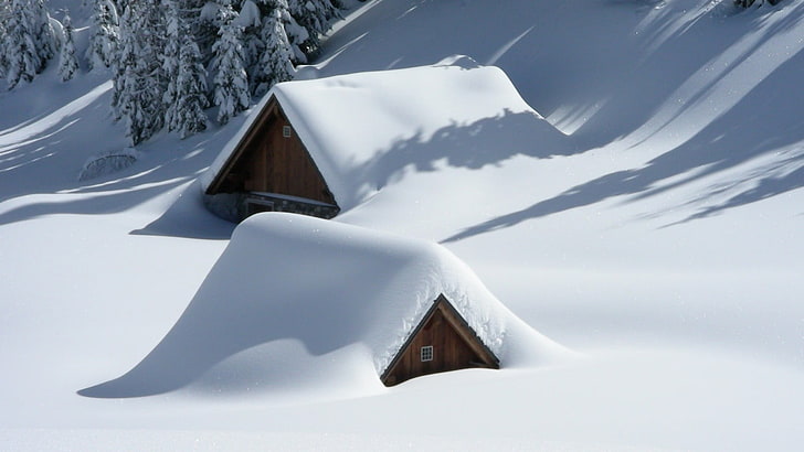 snow covered houses under sunny sky, nature, landscape, architecture, HD wallpaper