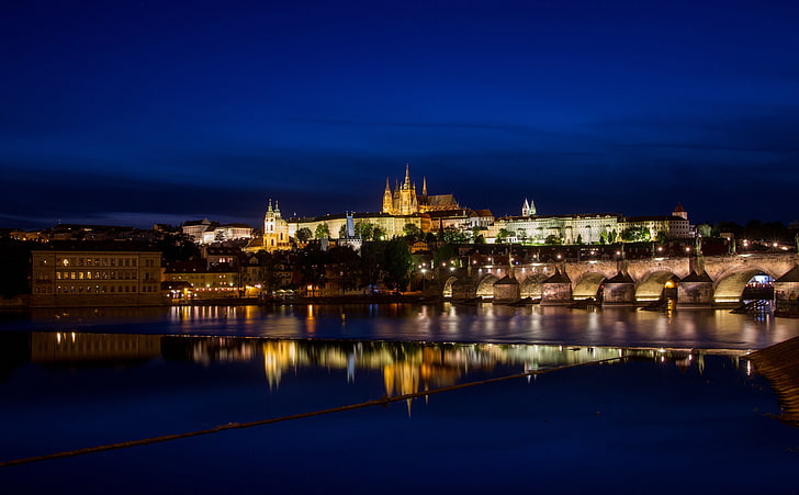 Prague by night, Czech Republic, Europe, City, Travel, River, HD wallpaper