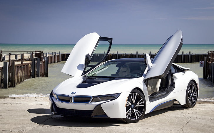 Hd Wallpaper White Coupe Bmw I8 Side View Car Sea Outdoors Technology Wallpaper Flare