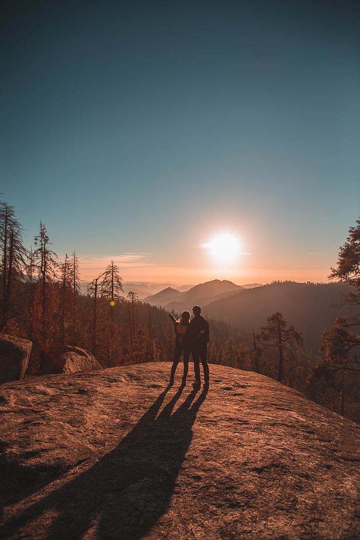 grey cliff, couple, mountains, travel, sunset, sequoia national park, HD wallpaper