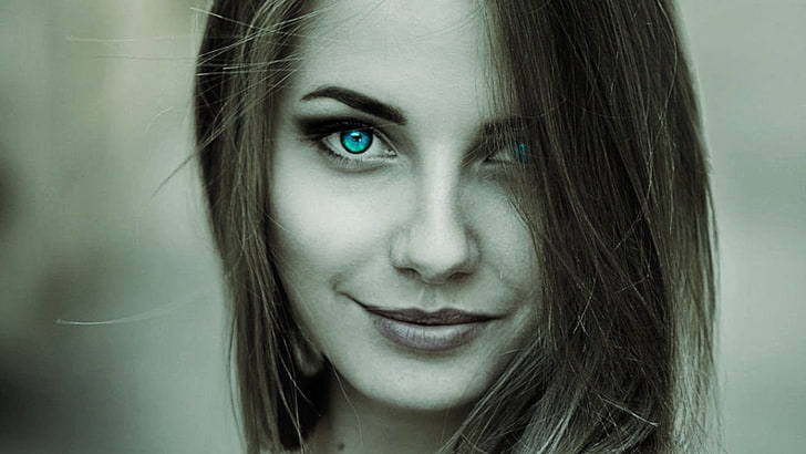 face, women, smiling, selective coloring, turquoise eyes, brunette