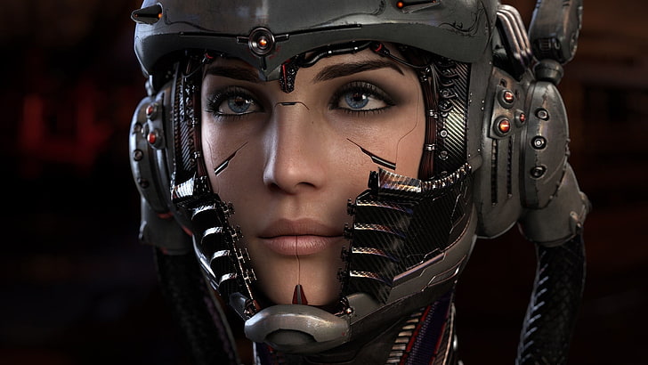woman wearing black helmet 3D character, cyberpunk, cyborg, portrait