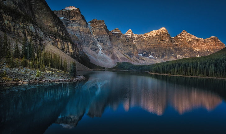 body of water near trees, mountains, Moraine Lake, Canada, sunset