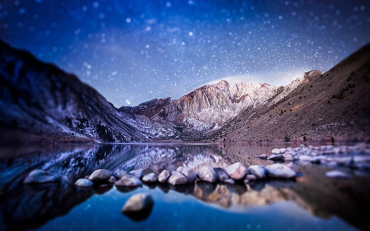 grey stone fragments and stars, mountains, valley, lake, tilt shift