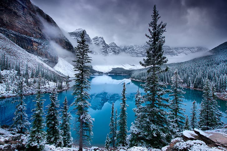 ice, snow, mountains, lake, spruce, Canada, Moraine Lake, Valley of the Ten Peaks