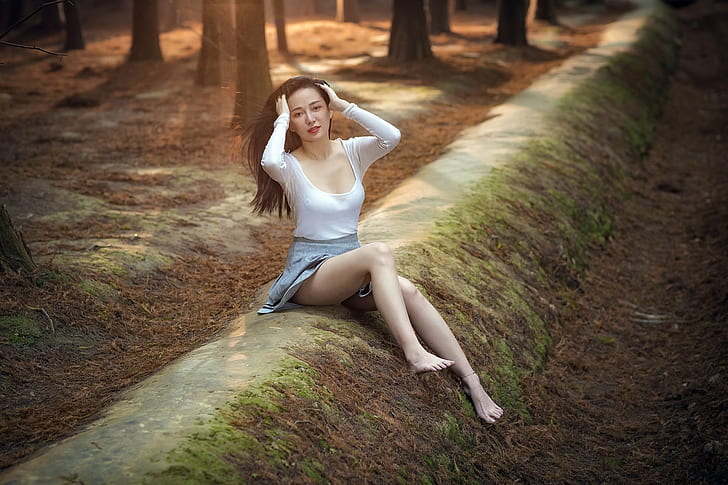 Asian, barefoot, legs, women outdoors, HD wallpaper
