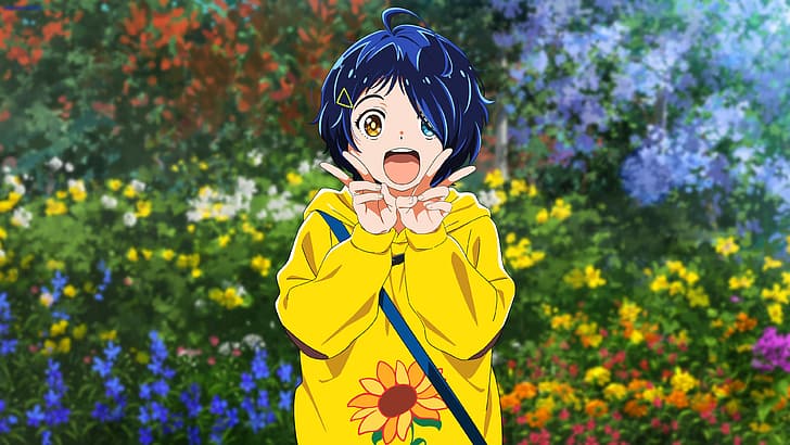 Ai Ooto, wonder egg priority, flowers, sunflowers, blue hair, HD wallpaper