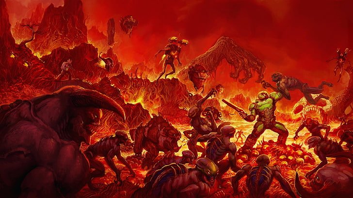 Doom game illustration, Doom (game), video games, horror, demon