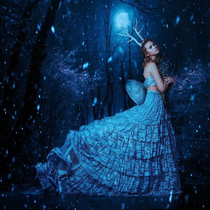 forest, girl, snow, dress, horns, Bella Kotak, Kimberly McKee, HD wallpaper