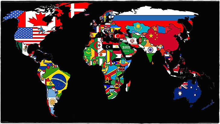 world map with flags on its country illustration, nations, multi colored, HD wallpaper