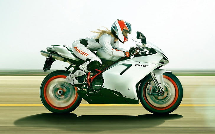 white and black Ducati sports bike, blonde, motorcycle, Ducati 848 EVO