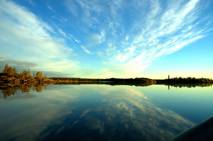 body of water near island, nature, sky, clouds, lake, reflection