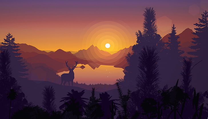 sunset, mountains, lake, vector, deer, silhouette, postcard