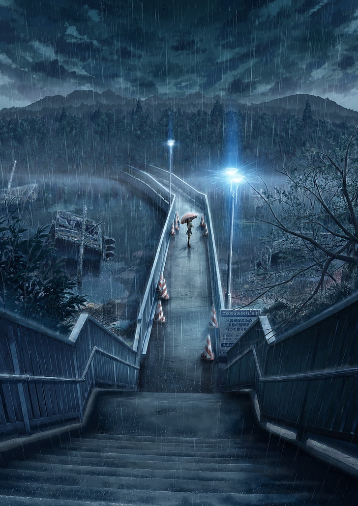 HD wallpaper: rain, anime, night, heavy rain, umbrella, bridge ...