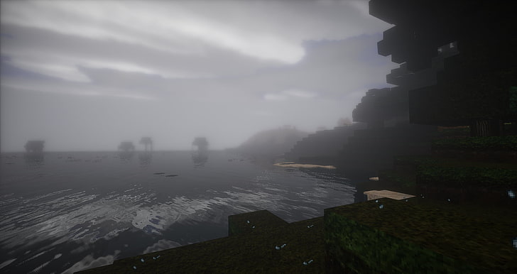 landscape shot of body of water during foggy weather, Minecraft