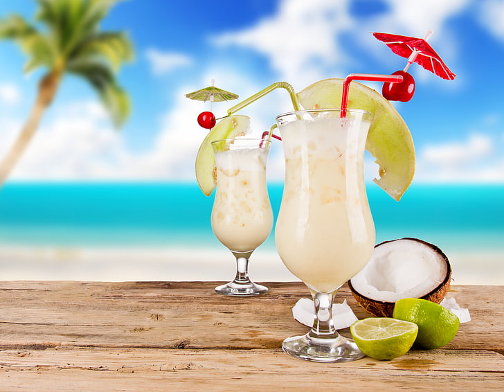 two clear short-stem glasses, the sky, Palma, coconut, cocktail, HD wallpaper
