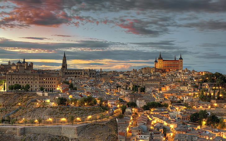 Toledo Spain Landscape, city, sky, night, HD wallpaper