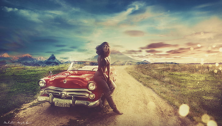 woman on red car painting, Hot girl, Vintage car, Landscape, Warm, HD wallpaper