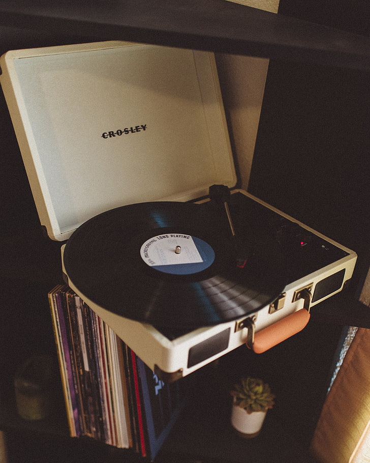 black and white Crosley vinyl record player, retro, music, old-fashioned