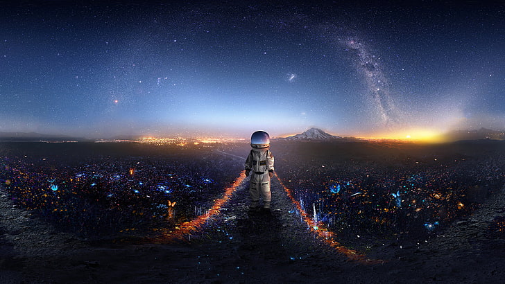 white astronaut suit, astronaut digital wallpaper, mountains