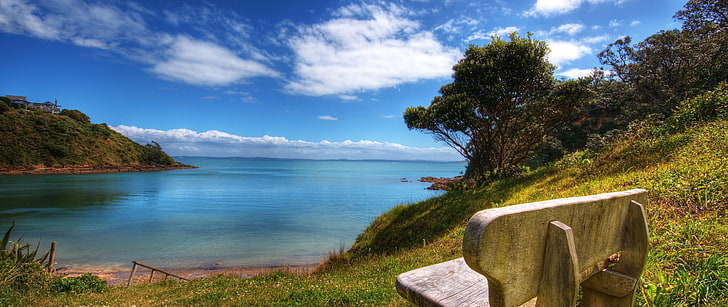 brown wooden bench, sea, sky, nature, water, beauty in nature, HD wallpaper