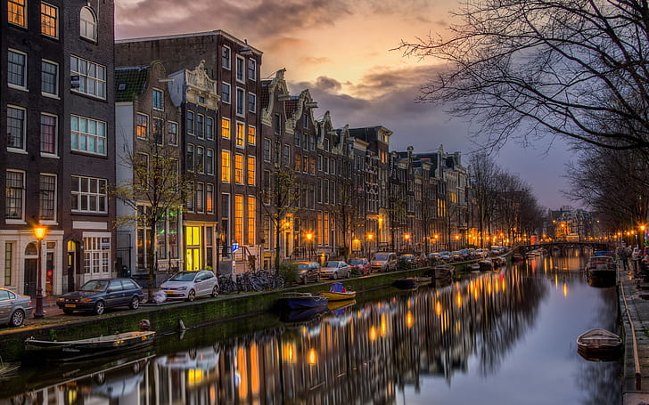 Netherlands, North Holland, Amsterdam, houses, night, boats, lights, HD wallpaper