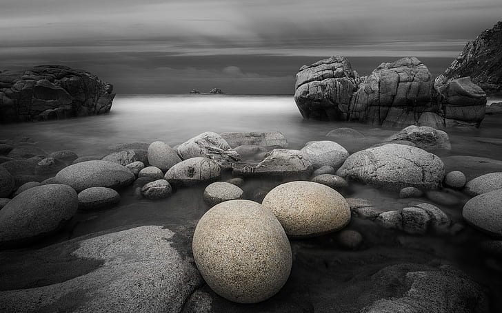 Rocks Stones Ocean BW HD, grayscale photo of rocks in body of water