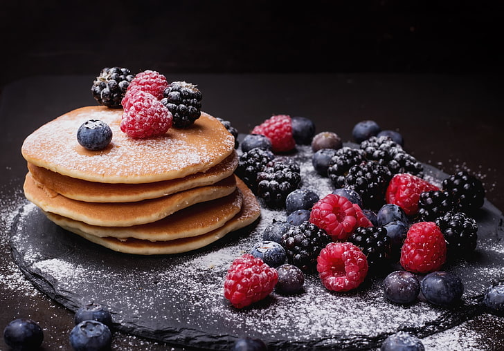 pancakes, food, fruit, berries, blueberries, blackberries, Rasperry (Food)