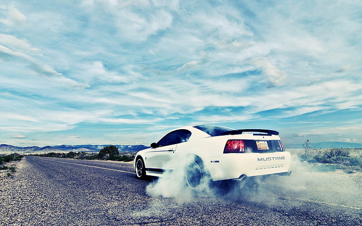 Hd Wallpaper White Ford Mustang Coupe Road Burnout Rechange Wallpaper Flare