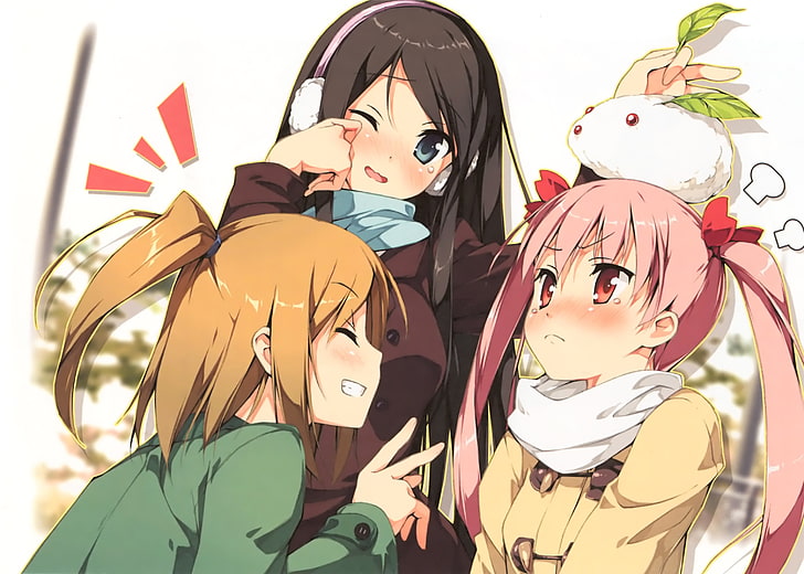 three anime female characters illustration, anime girls, long hair