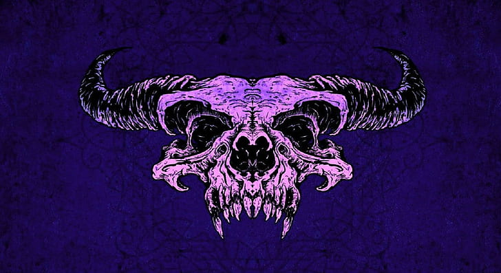 demon horns, purple background, skull, HD wallpaper