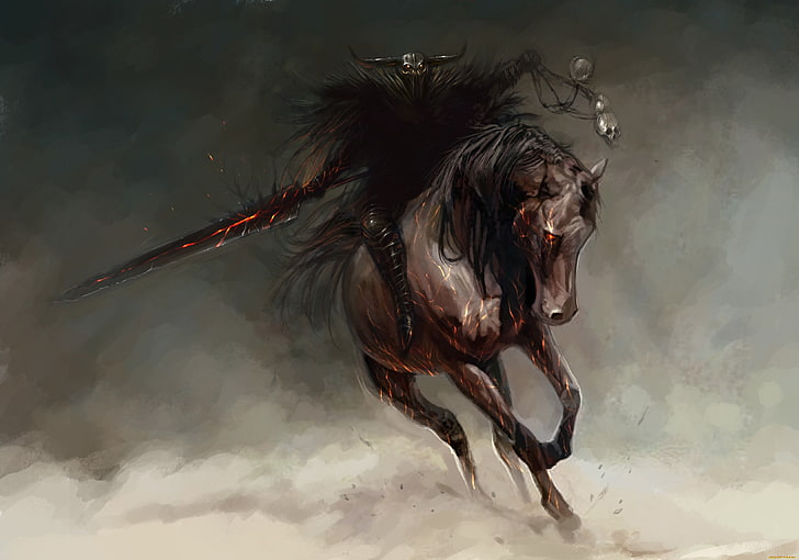 man riding horse wallpaper, darkness, background, fire, sword, HD wallpaper