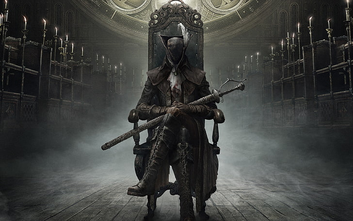 character holding sword and sitting on armchair, Bloodborne, video games, HD wallpaper